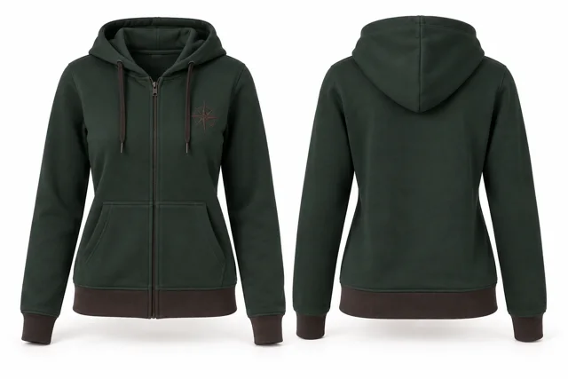 Women embroidered full-zip hoodie — Dark Green / Chocolate