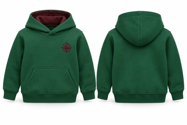 Kids embroidered pullover hoodie — Emirates Green / Burgundy