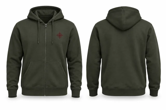 Men embroidered full-zip hoodie — Military Green / Maroon
