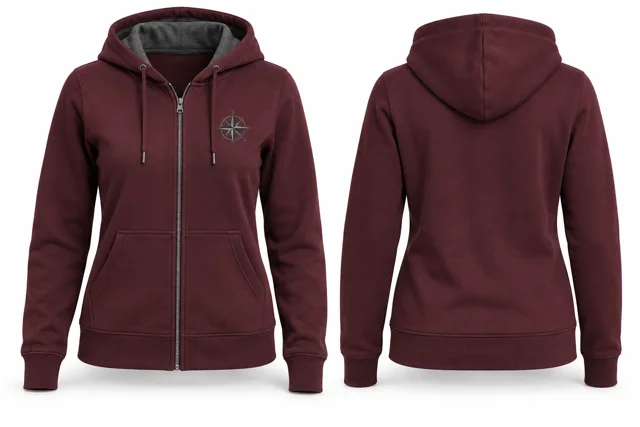 Women embroidered full-zip hoodie — Burgundy / Dark Heather Grey