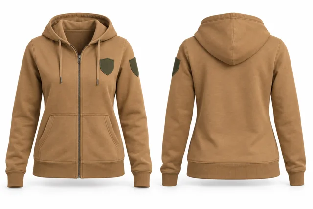 Women patches full-zip hoodie — Camel / Military Green