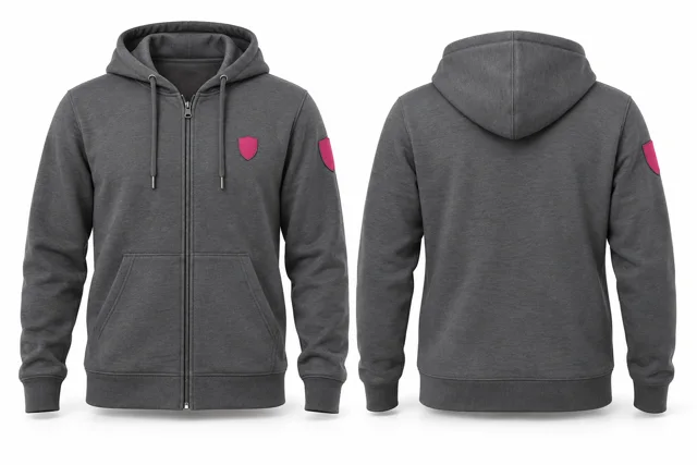 Men patches full-zip hoodie — Dark Heather Grey / Fuchsia