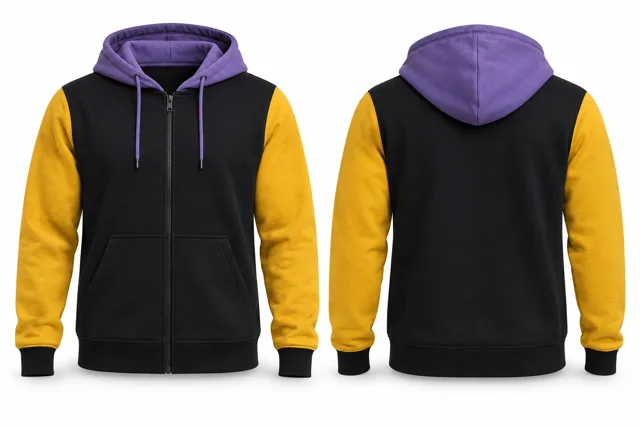Men three-colour full-zip hoodie — Black / Golden Yellow / Lavender