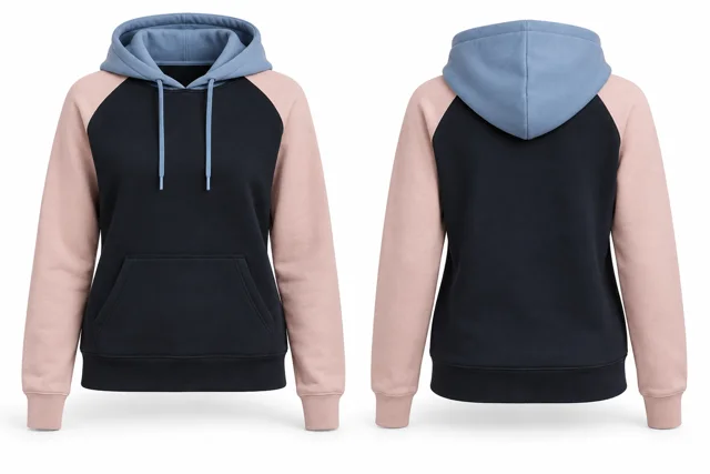 Women three-colour pullover hoodie — Deep Navy / Blush / Light Blue