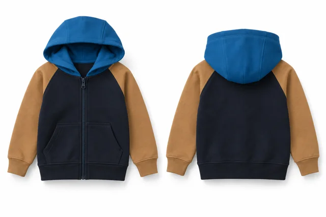 Kids three-colour full-zip hoodie — Navy / Camel / Sapphire