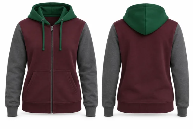 Women three-colour full-zip hoodie — Burgundy / Dark Heather Grey / Emirates Green
