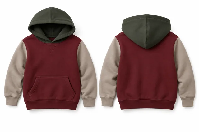 Kids three-colour pullover hoodie — Maroon / Stone / Military Green