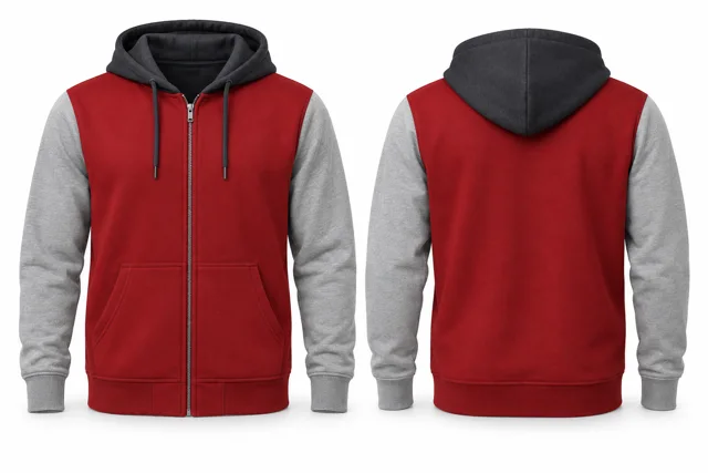 Men three-colour full-zip hoodie — Red / Sport Grey / Charcoal
