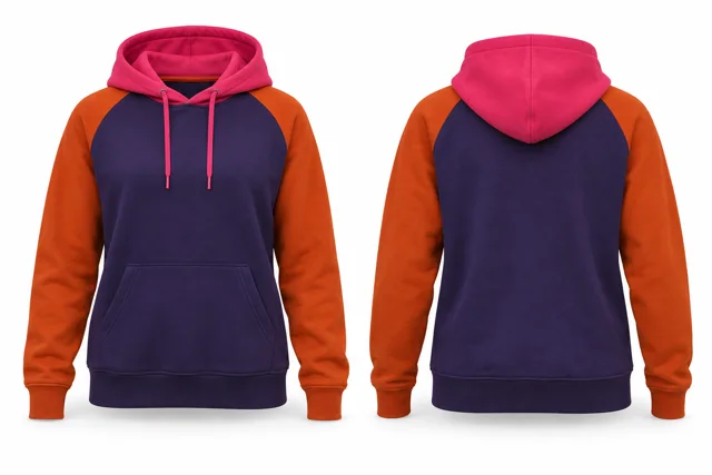 Women three-colour pullover hoodie — Purple / Orange / Fuchsia