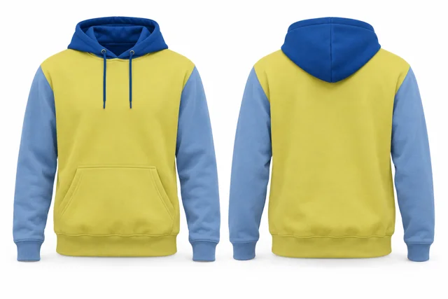 Men three-colour pullover hoodie — Lemon / Light Blue / Royal Blue
