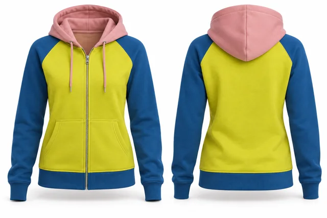 Women three-colour full-zip hoodie — Fluorescent Yellow / Sapphire / Pink