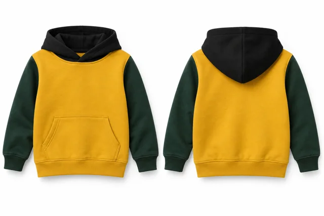 Kids three-colour pullover hoodie — Golden Yellow / Dark Green / Black