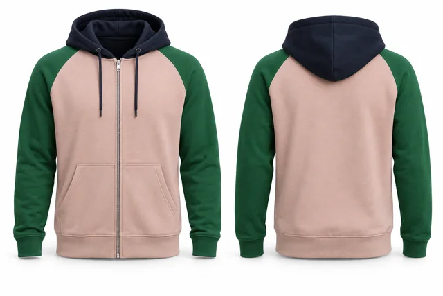 Men three-colour full-zip hoodie — Blush / Emirates Green / Deep Navy