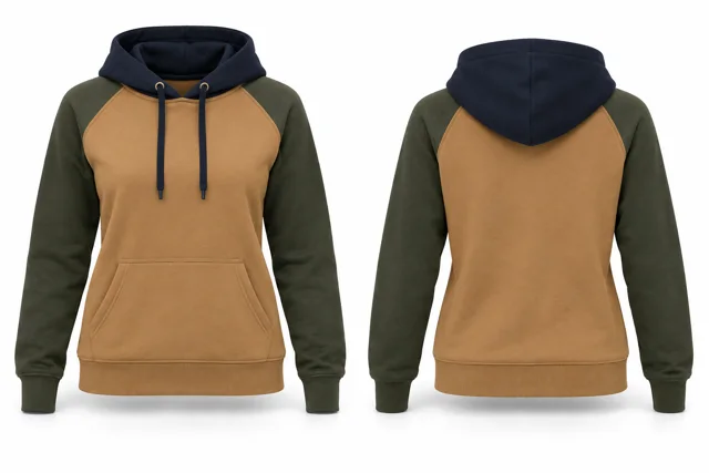 Women three-colour pullover hoodie — Camel / Military Green / Navy