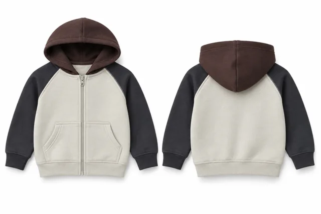 Kids three-colour full-zip hoodie — Cream / Charcoal / Chocolate