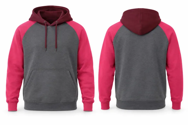 Men three-colour pullover hoodie — Dark Heather Grey / Fuchsia / Burgundy