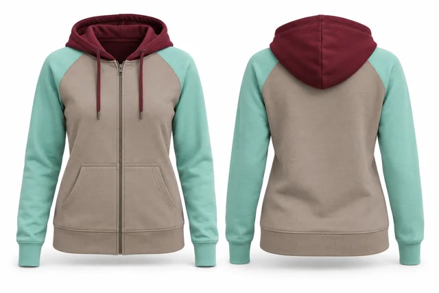 Women three-colour full-zip hoodie — Stone / Mint / Maroon