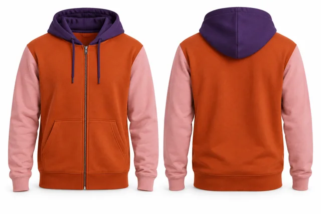 Men three-colour full-zip hoodie — Orange / Pink / Purple