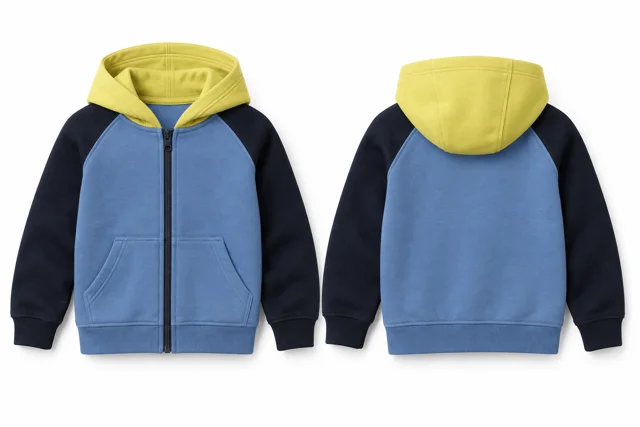 Kids three-colour full-zip hoodie — Light Blue / Deep Navy / Lemon
