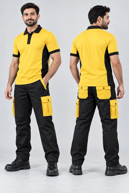 Black six-pocket cargo pants with golden yellow pockets