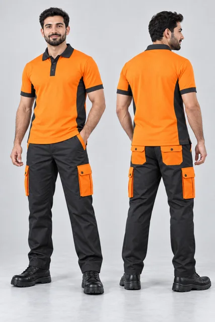 Charcoal six-pocket cargo pants with orange pockets