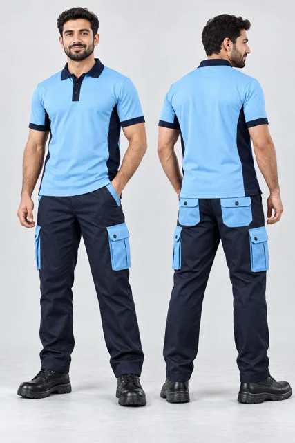 Navy six-pocket cargo pants with sky blue pockets