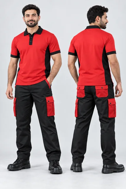 Black six-pocket cargo pants with red pockets
