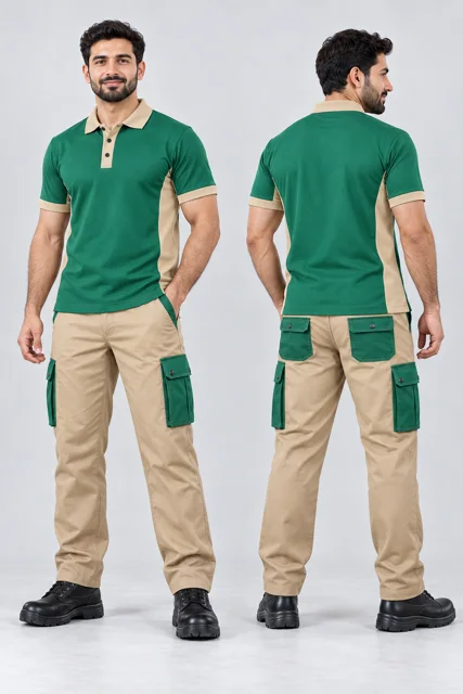 Beige six-pocket cargo pants with emerald green pockets