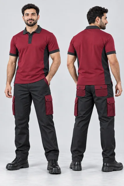 Charcoal six-pocket cargo pants with maroon pockets