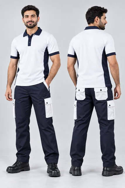 Navy six-pocket cargo pants with white pockets