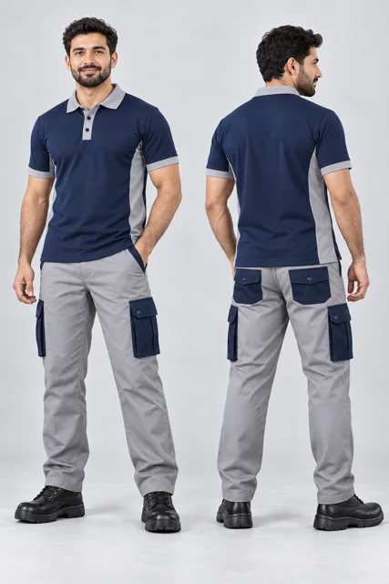 Light Grey six-pocket cargo pants with navy pockets