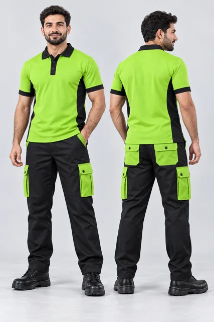 Black six-pocket cargo pants with lime green pockets