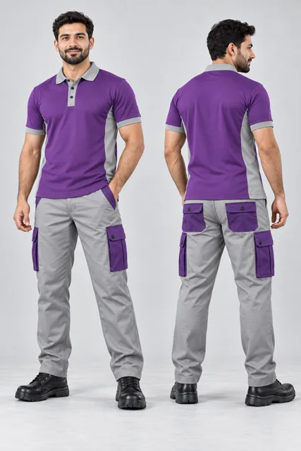 Light Grey six-pocket cargo pants with purple pockets