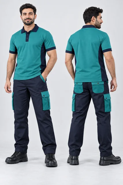 Navy six-pocket cargo pants with teal pockets