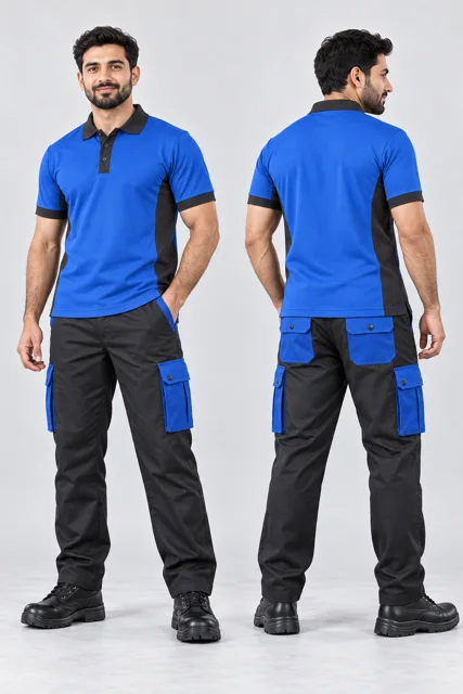 Charcoal six-pocket cargo pants with royal blue pockets