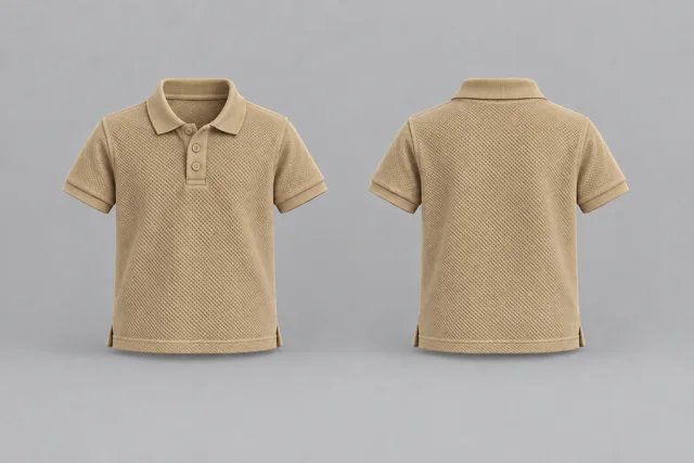 Khaki Beige Kids Short Sleeves honeycomb polo