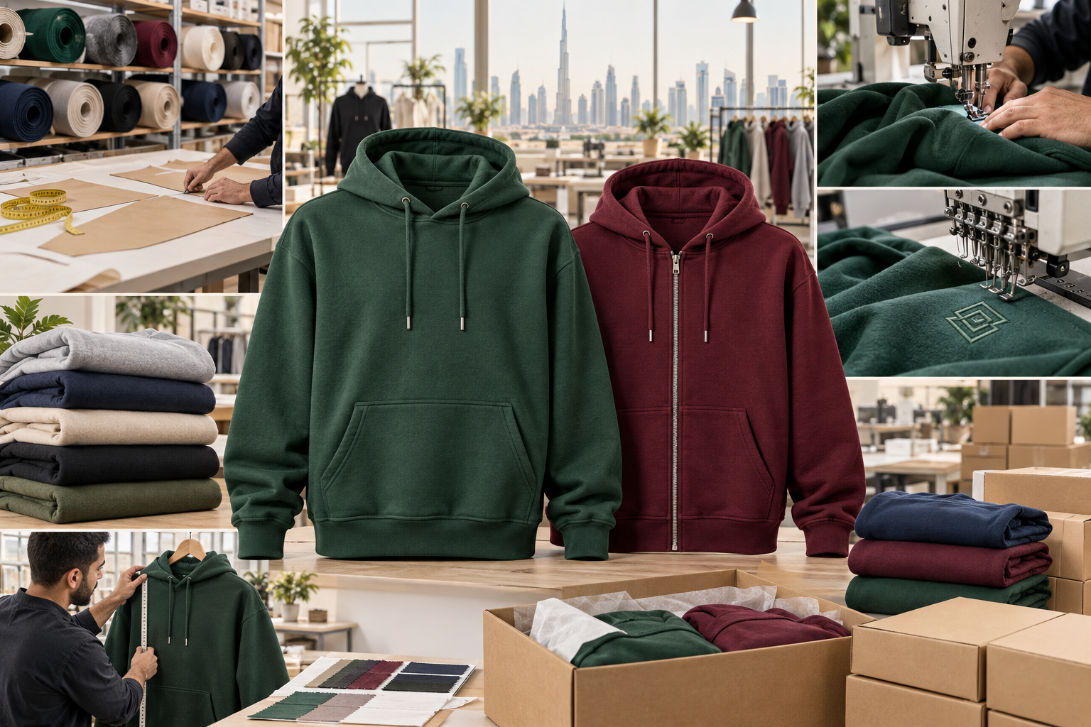 Hoodie production concept: fabric cutting, stitching, embroidery, quality checking and packing in the UAE